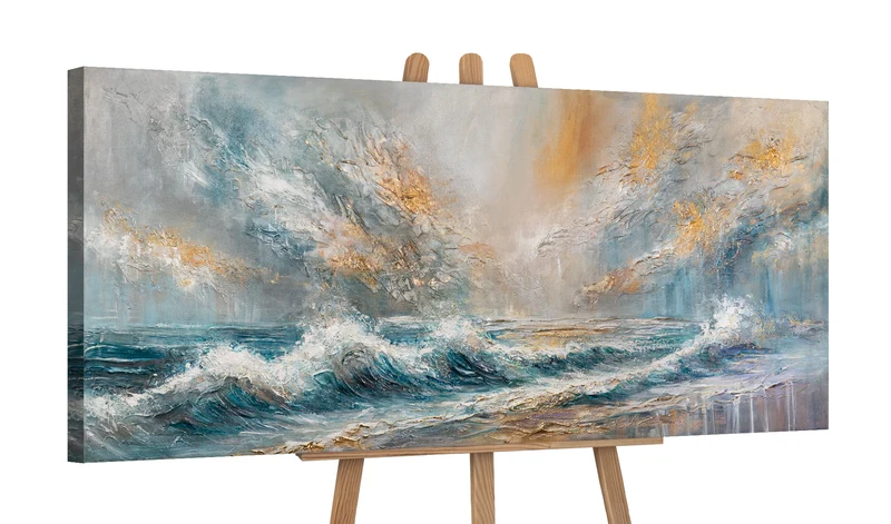 Handgemaltes Wandbild "Sea Dawn" - abstraktes Acrylgemälde mit Wellen auf Leinwand 115x50cm