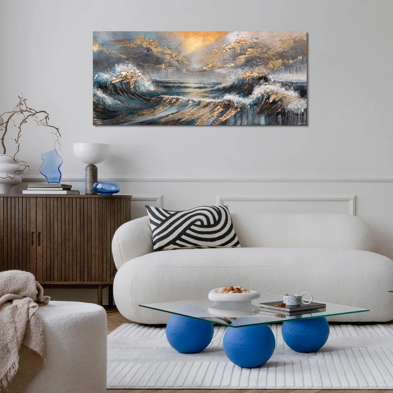 Moderne Acrylbilder abstrakt Meer auf Leinwand – Bild handgemalte "Shining Waves" 115x50cm