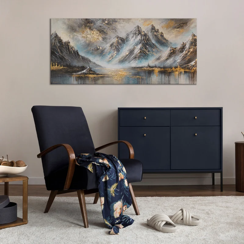 Handgemaltes Gemälde Berge mit Goldakzenten "Bergglühen" 115×50cm