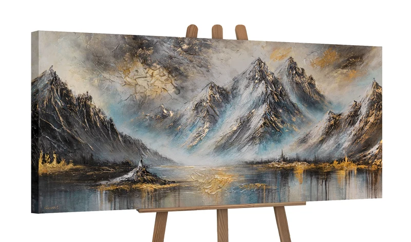 Handgemaltes Gemälde Berge mit Goldakzenten "Bergglühen" 115×50cm