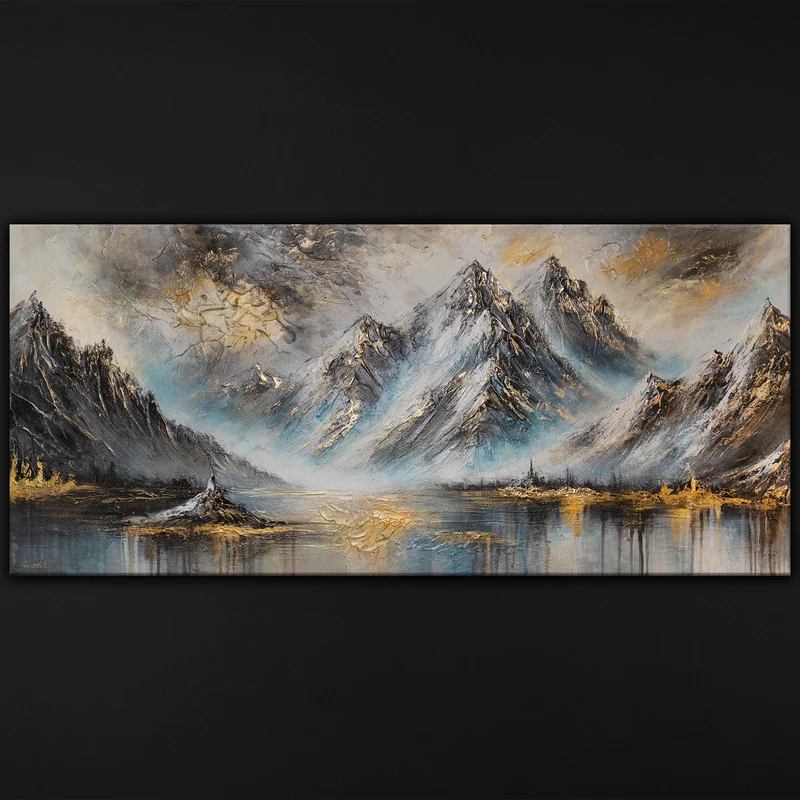 Handgemaltes Gemälde Berge mit Goldakzenten "Bergglühen" 115×50cm
