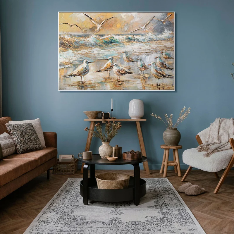 Abstrakte Wandbilder mit Rahmen – Handgemalte Acrylmalerei auf Leinwand "Harmonien der Küste"