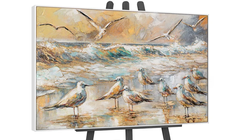 Abstrakte Wandbilder mit Rahmen – Handgemalte Acrylmalerei auf Leinwand "Harmonien der Küste"