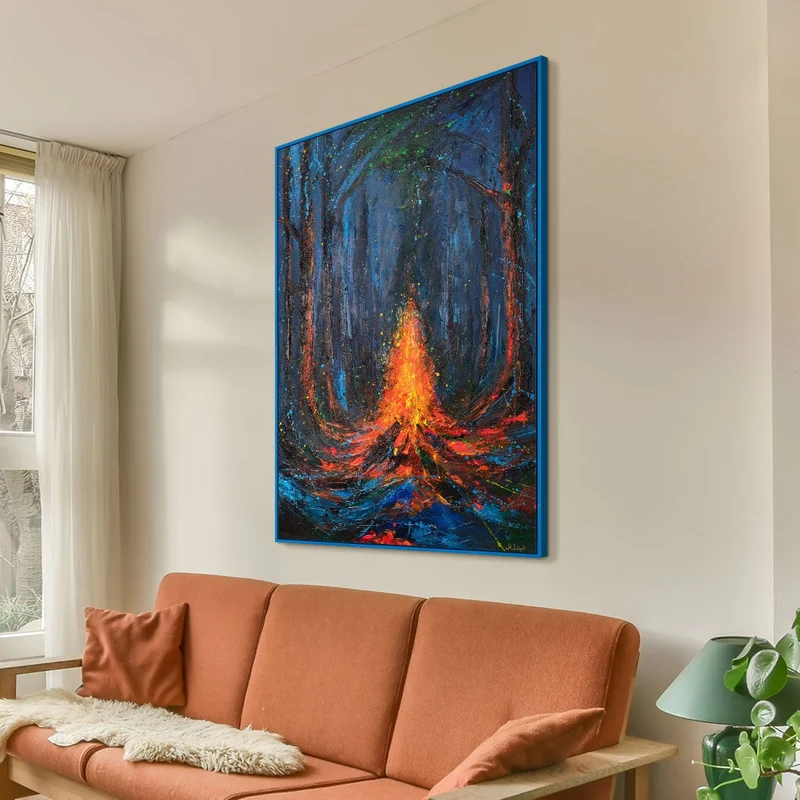 Wandbild auf Leinwand mit Rahmen „Feuerfunken“ – handgemalte Nachtlandschaft
