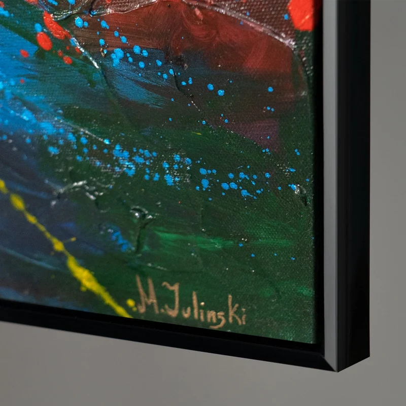 Wandbild auf Leinwand mit Rahmen „Feuerfunken“ – handgemalte Nachtlandschaft