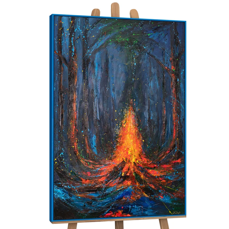 Wandbild auf Leinwand mit Rahmen „Feuerfunken“ – handgemalte Nachtlandschaft