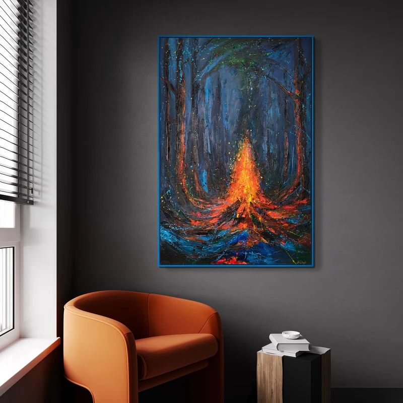 Wandbild auf Leinwand mit Rahmen „Feuerfunken“ – handgemalte Nachtlandschaft