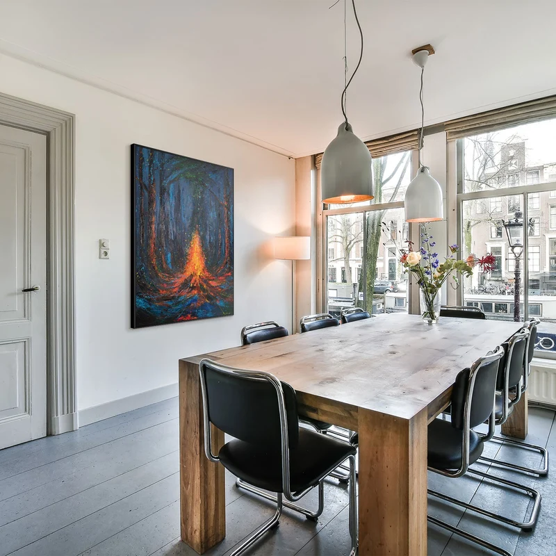 Wandbild auf Leinwand mit Rahmen „Feuerfunken“ – handgemalte Nachtlandschaft