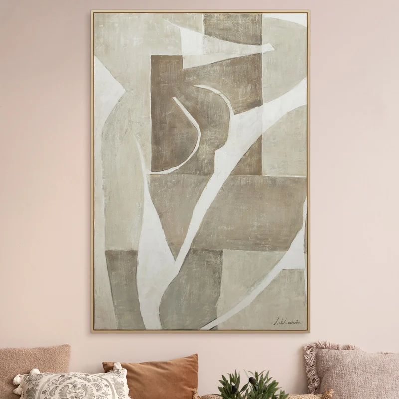 Moderne Leinwandbild mit Rahmen Wohnzimmer "Mery" – Abstrakte Gemälde in Beige & Weiß