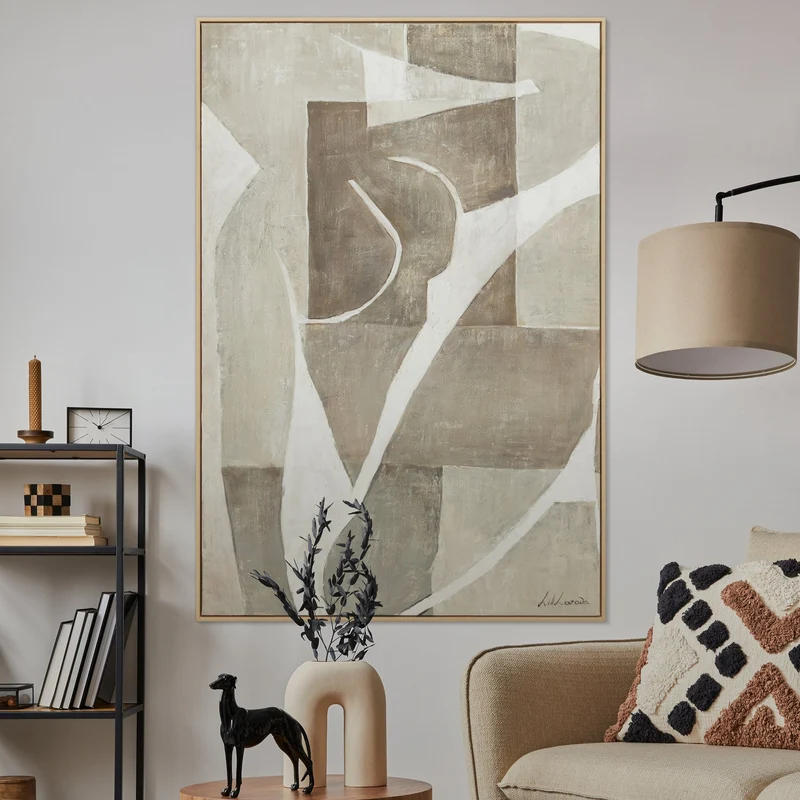 Moderne Leinwandbild mit Rahmen Wohnzimmer "Mery" – Abstrakte Gemälde in Beige & Weiß