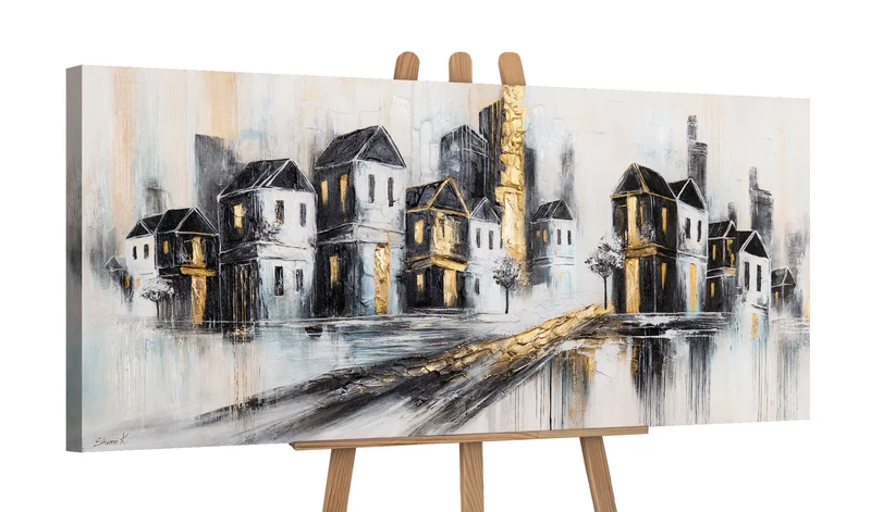 Abstrakte Handgemaltes Acrylbild "Goldene Stadt" 115x50cm