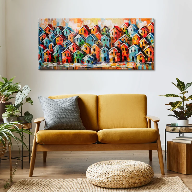 Gemalte bilder für Wohnzimmer "Farbenfrohe Stadt" 115x50cm