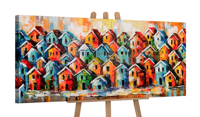 Gemalte bilder für Wohnzimmer "Farbenfrohe Stadt" 115x50cm