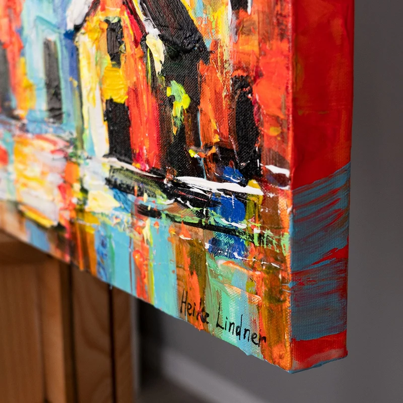 Gemalte bilder für Wohnzimmer "Farbenfrohe Stadt" 115x50cm