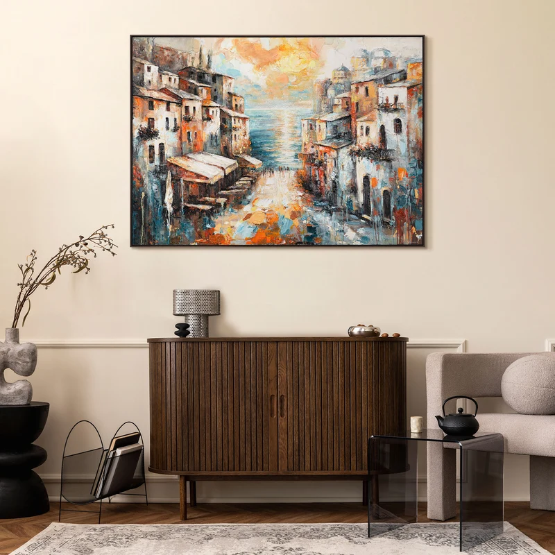 Abstrakte Acrylmalerei mit Rahmen – Moderne Wanddeko "Stadt am Meer"