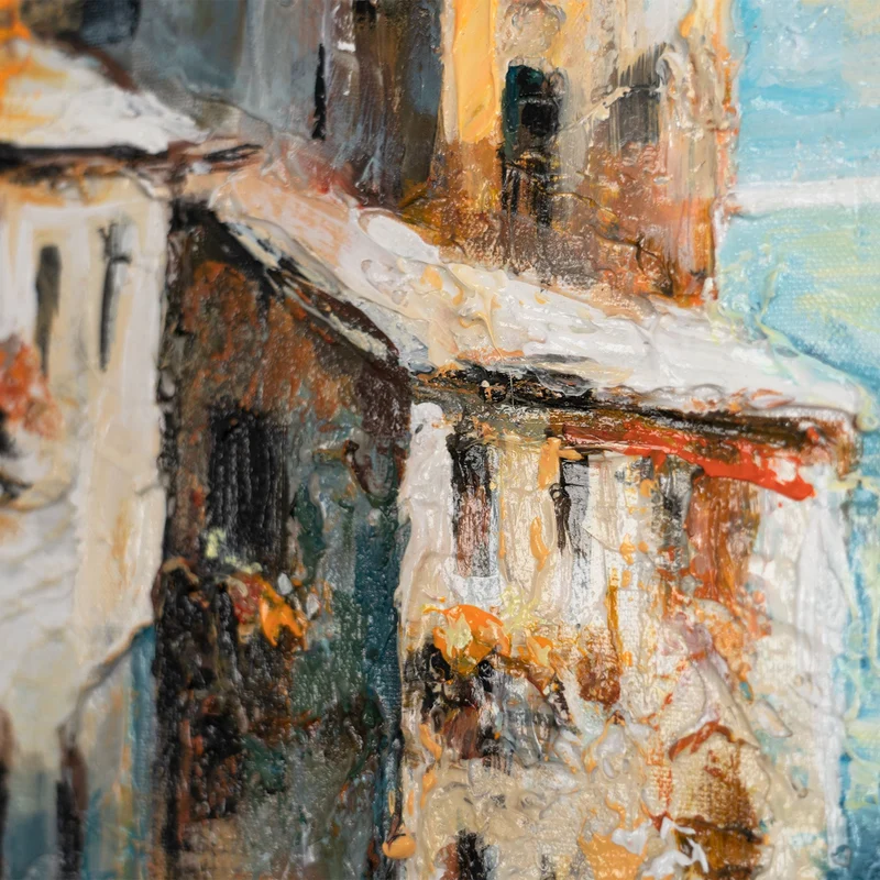 Abstrakte Acrylmalerei mit Rahmen – Moderne Wanddeko "Stadt am Meer"
