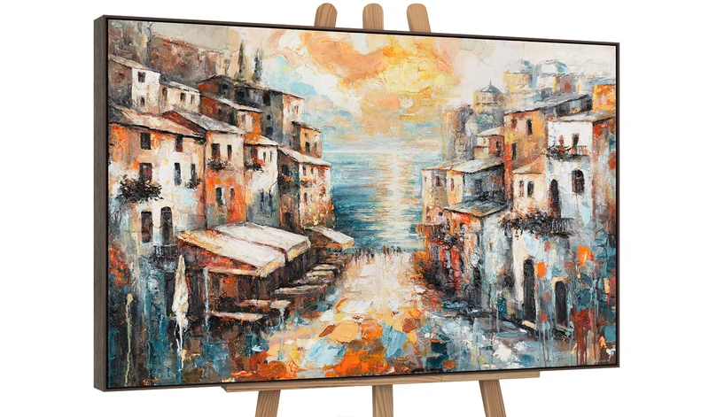Abstrakte Acrylmalerei mit Rahmen – Moderne Wanddeko "Stadt am Meer"
