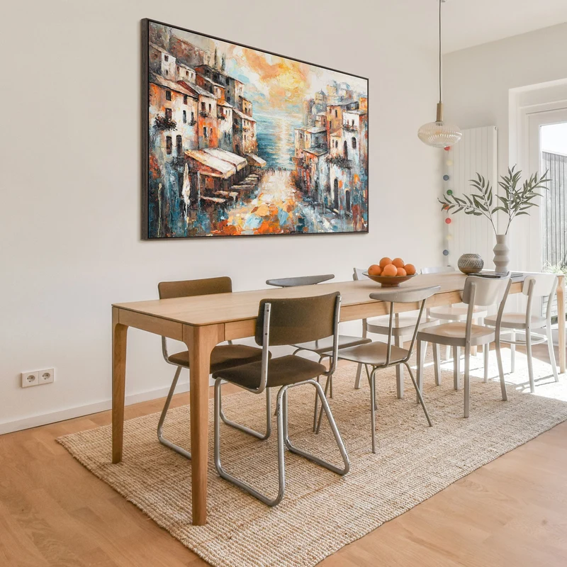 Abstrakte Acrylmalerei mit Rahmen – Moderne Wanddeko "Stadt am Meer"