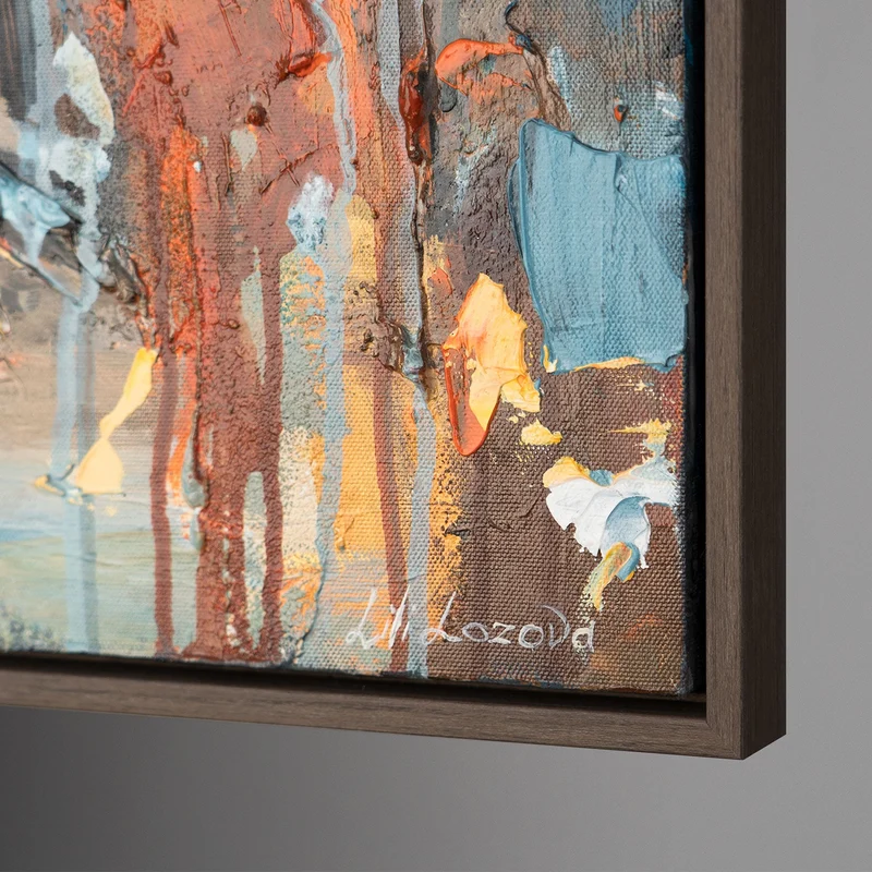 Abstrakte Acrylmalerei mit Rahmen – Moderne Wanddeko "Stadt am Meer"