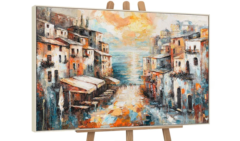 Abstrakte Acrylmalerei mit Rahmen – Moderne Wanddeko "Stadt am Meer"