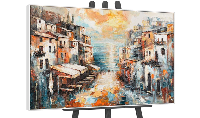 Abstrakte Acrylmalerei mit Rahmen – Moderne Wanddeko "Stadt am Meer"