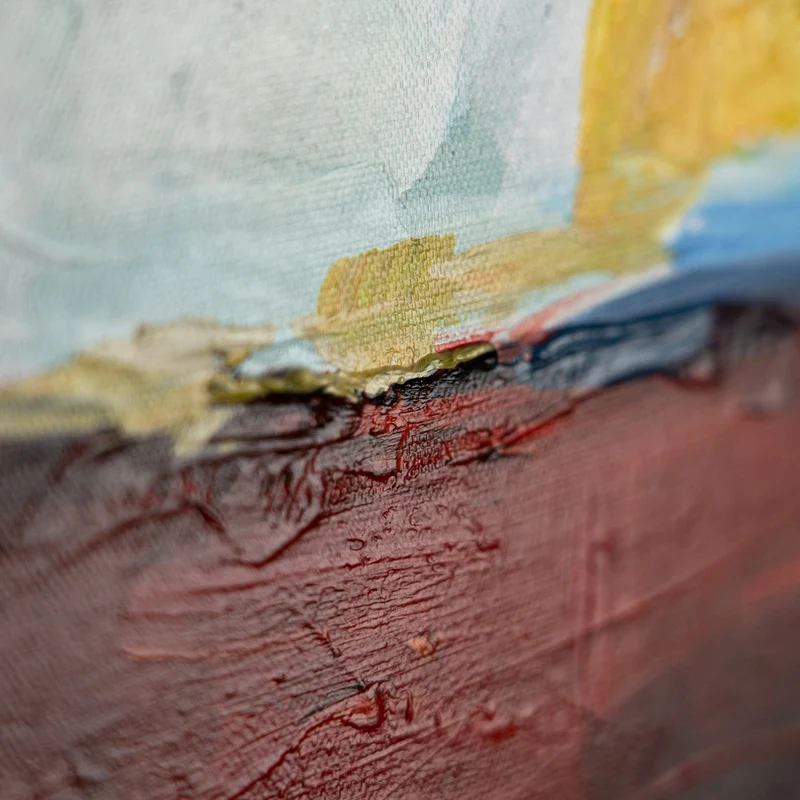 Handgemaltes Landschaftsbild "Gezeiten der Inspiration" – Abstraktes Motiv mit Boot und Häusern