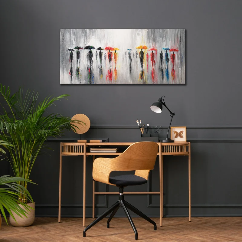 Moderne abstrakte Acrylbilder auf Leinwand "Bunte Schirme" 115×50cm