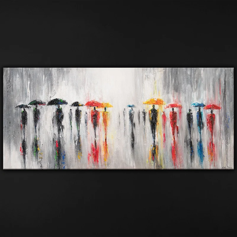 Moderne abstrakte Acrylbilder auf Leinwand "Bunte Schirme" 115×50cm