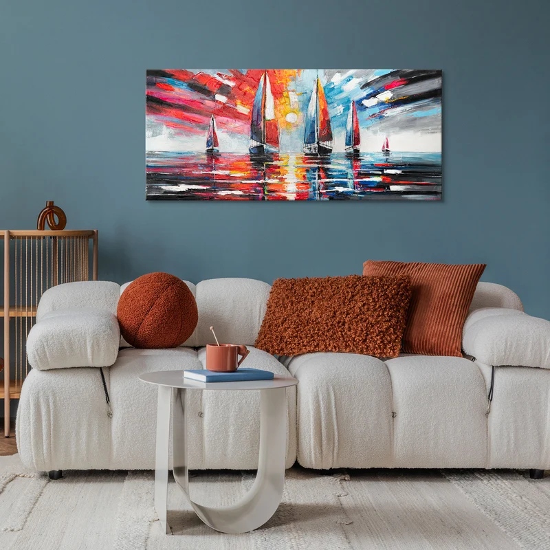 Abstrakte Gemälde "Glänzendes Meer" Segelboot-Wandkuns 115x50cm