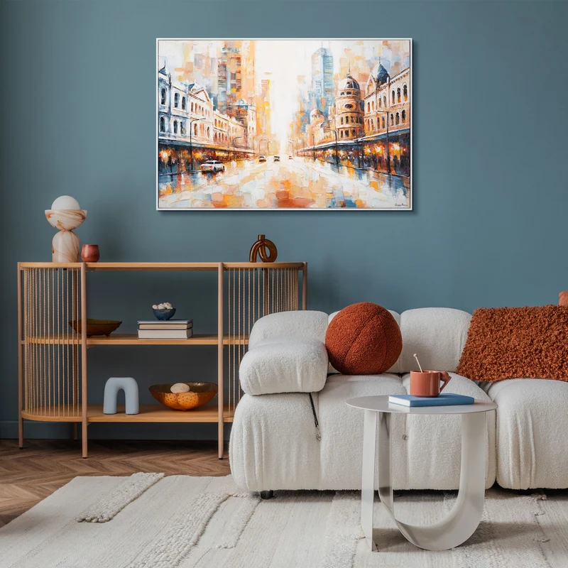Moderne Acrylbild mit Rahmen – Handgemalte Kunst auf Leinwand "Raum und Rhythmus"