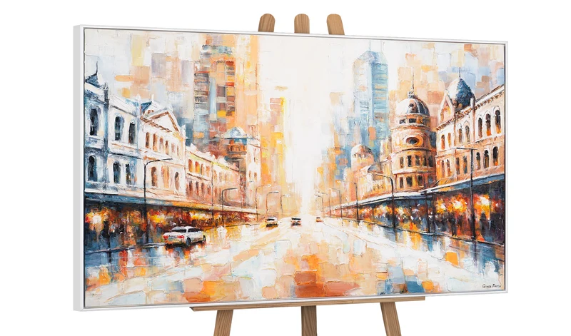 Moderne Acrylbild mit Rahmen – Handgemalte Kunst auf Leinwand "Raum und Rhythmus"