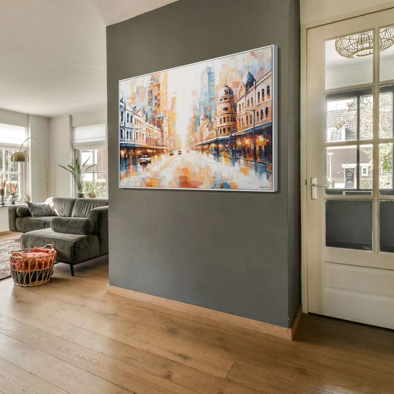 Moderne Acrylbild mit Rahmen – Handgemalte Kunst auf Leinwand "Raum und Rhythmus"
