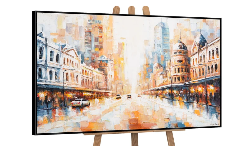 Moderne Acrylbild mit Rahmen – Handgemalte Kunst auf Leinwand "Raum und Rhythmus"