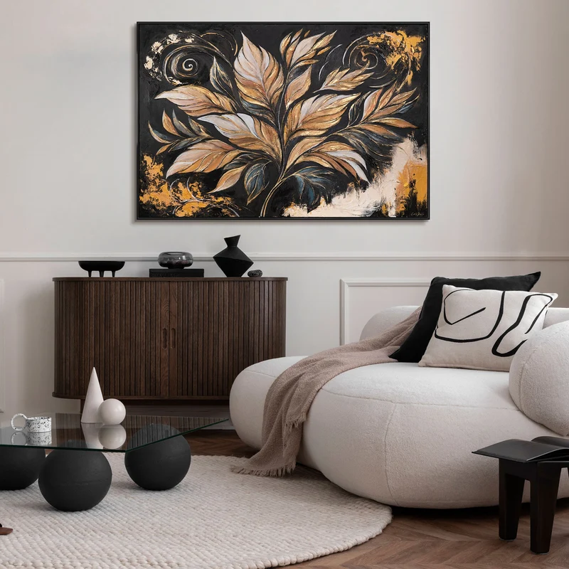 Moderne Acrylbild mit Rahmen - Handgemaltes Wandbild "Goldene Blätter"