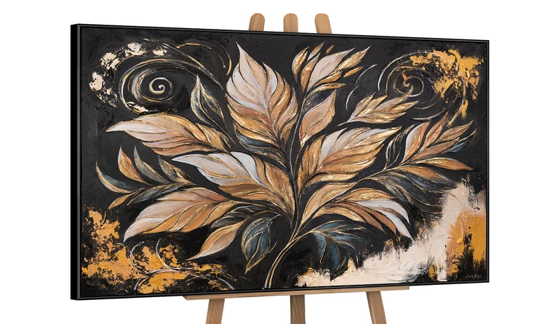 Moderne Acrylbild mit Rahmen - Handgemaltes Wandbild "Goldene Blätter"