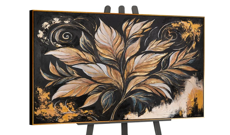 Moderne Acrylbild mit Rahmen - Handgemaltes Wandbild "Goldene Blätter"