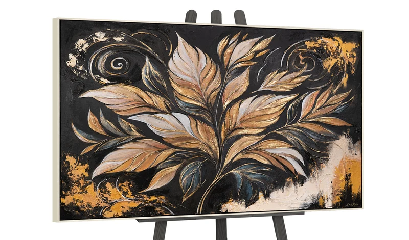 Moderne Acrylbild mit Rahmen - Handgemaltes Wandbild "Goldene Blätter"