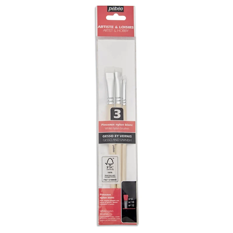 Pebeo - Set of 3 Glue & Paste Brushes Flat White Nylon