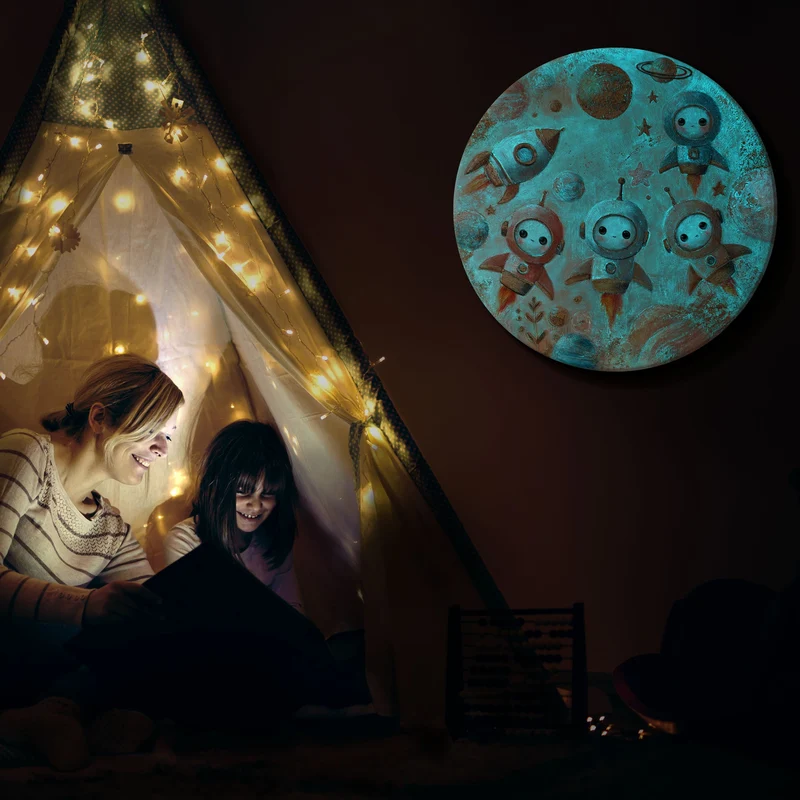 Rundes Acrylbild, leuchtend - „Baby Astronauts“ für kreative Kinderzimmer