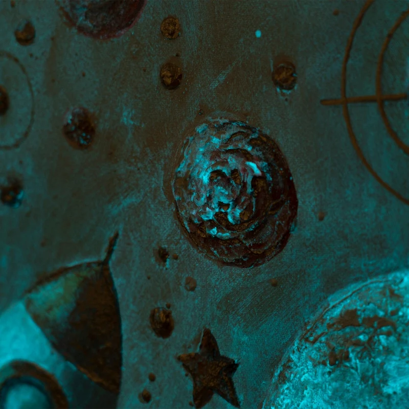 Runde Leinwand mit strahlenden Sternen und galaktischen Planeten