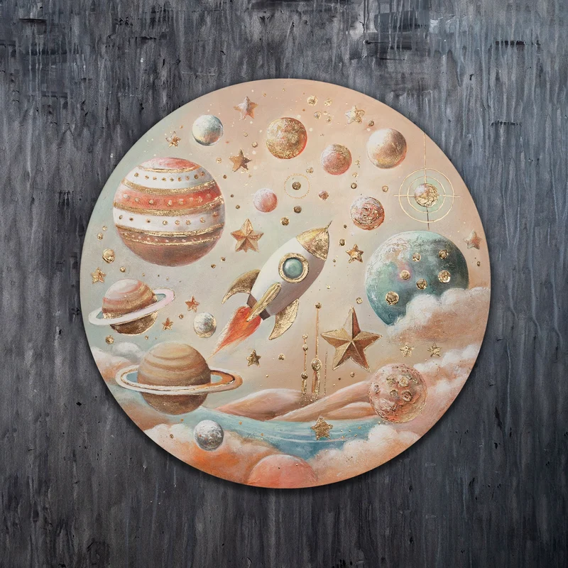 Runde Leinwand mit strahlenden Sternen und galaktischen Planeten