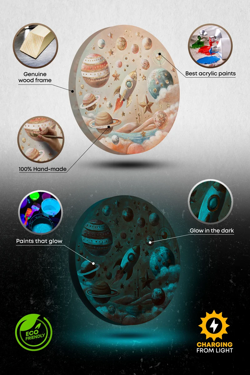 Runde Leinwand mit strahlenden Sternen und galaktischen Planeten