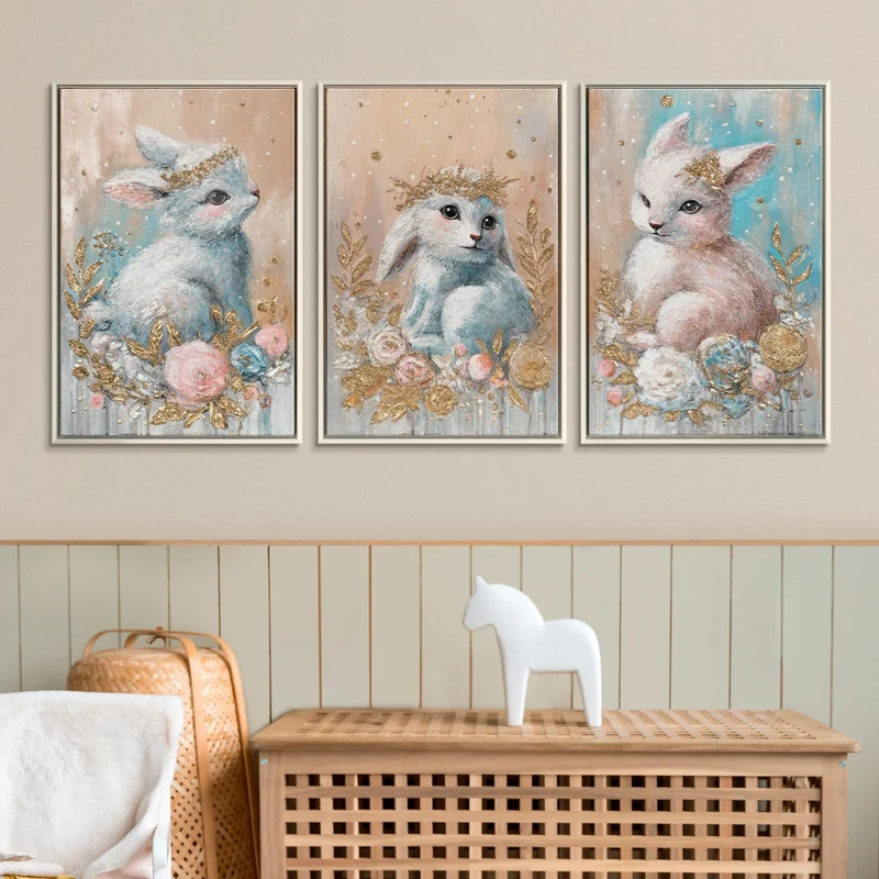 Triptychon Kinderzimmer Wandbild „Hasen" – handgemalt auf Leinwand, 120x60 cm