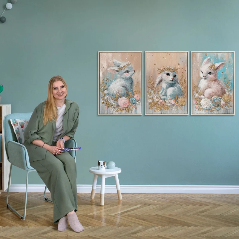 Triptychon Kinderzimmer Wandbild „Hasen" – handgemalt auf Leinwand, 120x60 cm