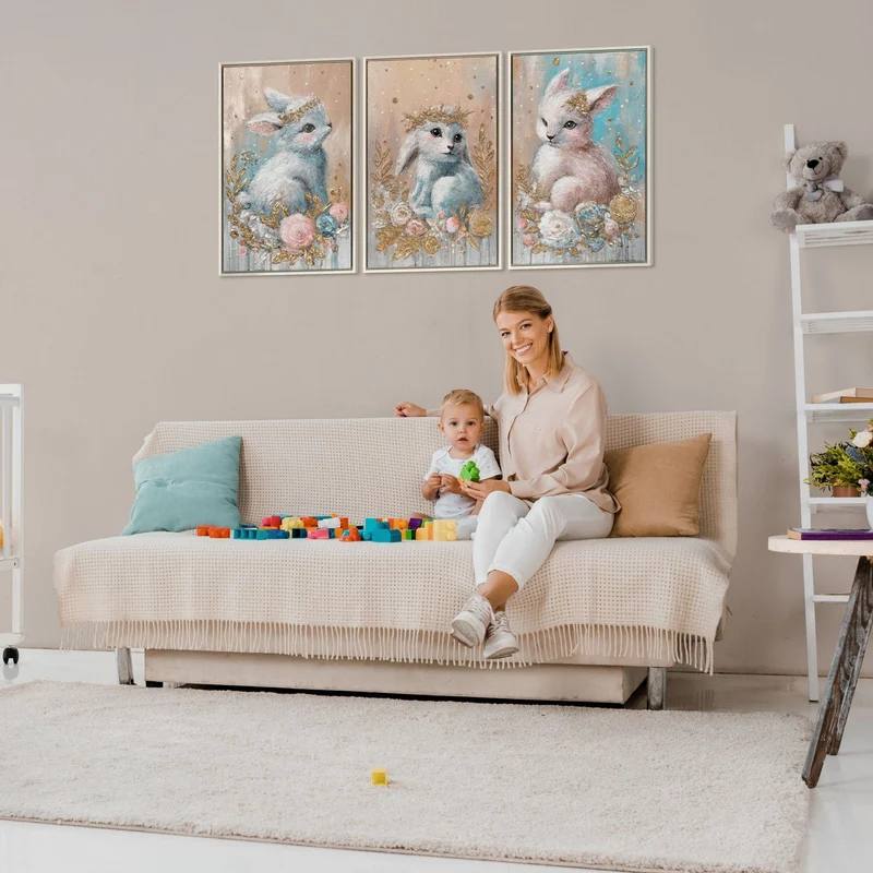Triptychon Kinderzimmer Wandbild „Hasen" – handgemalt auf Leinwand, 120x60 cm