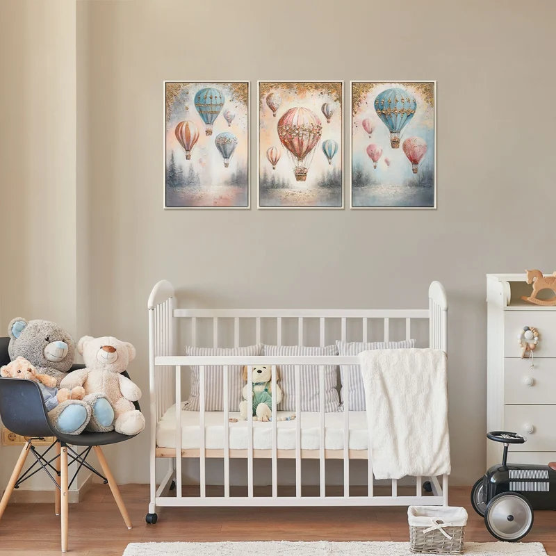 Triptychon Kinderzimmer Wandbild „Wald & Ballon" – handgemalt auf Leinwand, 120×60 cm