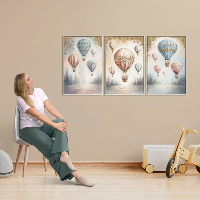 Triptychon Kinderzimmer Wandbild „Wald & Ballon" – handgemalt auf Leinwand, 120×60 cm