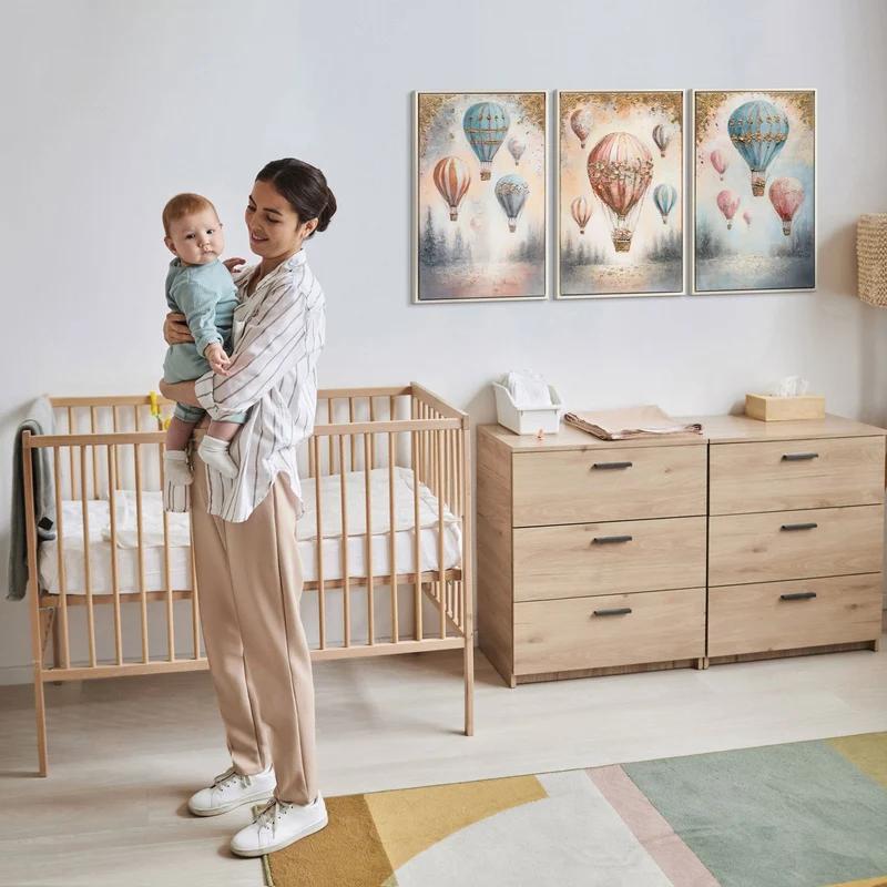 Triptychon Kinderzimmer Wandbild „Wald & Ballon" – handgemalt auf Leinwand, 120×60 cm