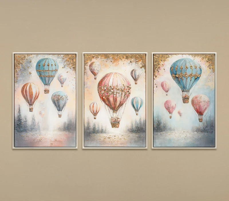 Triptychon Kinderzimmer Wandbild „Wald & Ballon" – handgemalt auf Leinwand, 120×60 cm
