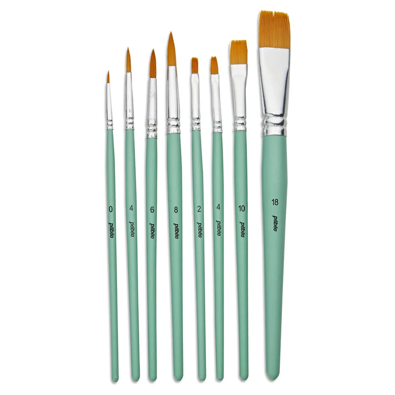 Pebeo - Acrylic Brush set - 8x Short Handle Synthetic Round & Flat Golden Taklon